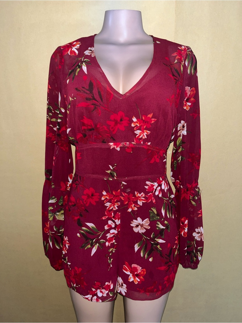 Guess Burgundy Floral V-Neck Long-Sleeve Romper